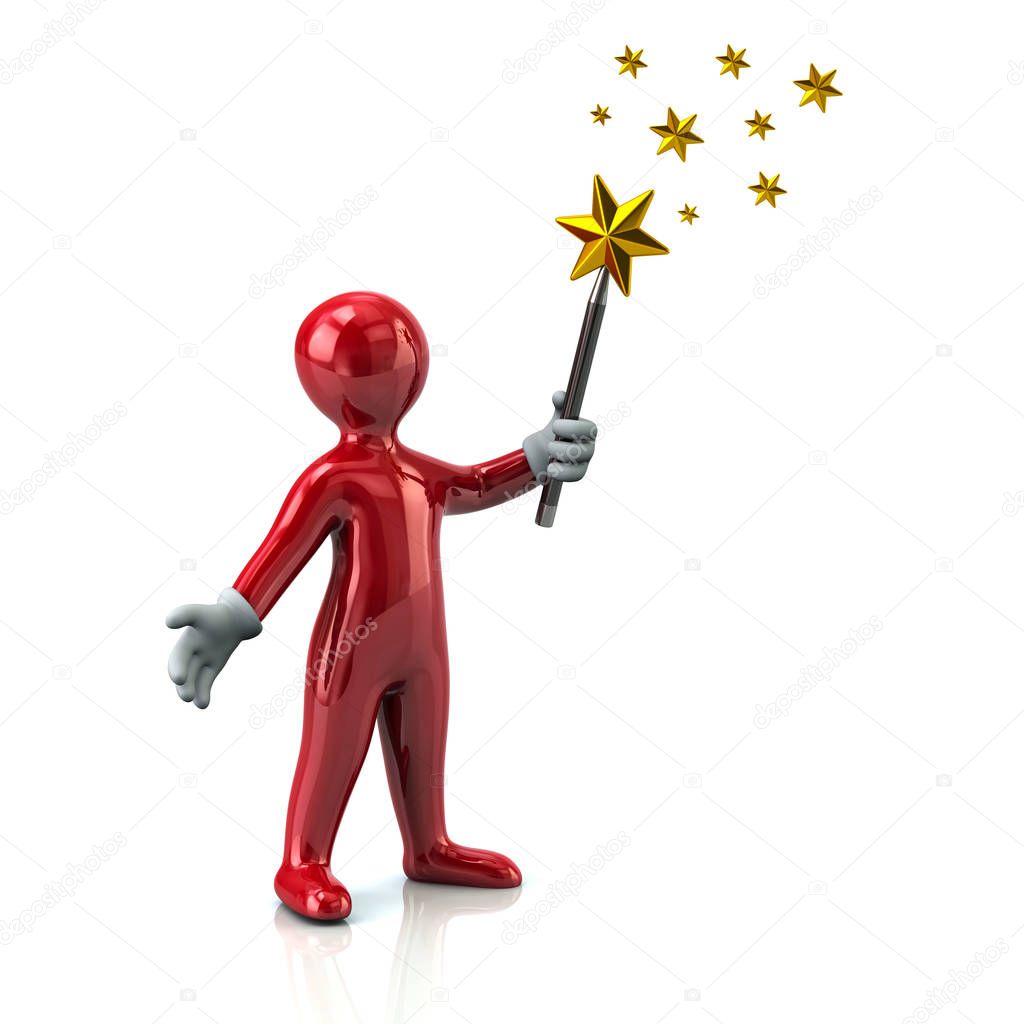 Red man with magic wand and golden stars 3d illustration on white background