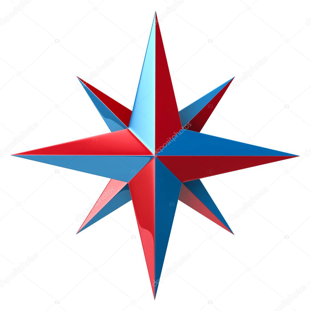 Blue and red compass rose 3d illustration on white background
