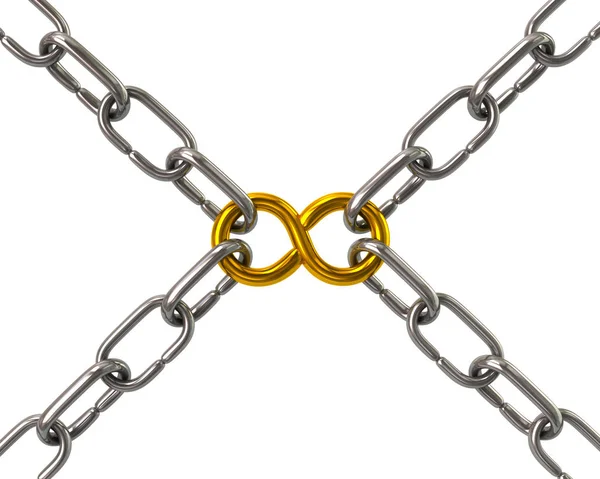 Golden infinity symbol in chains 3d illustration — Stock Photo, Image