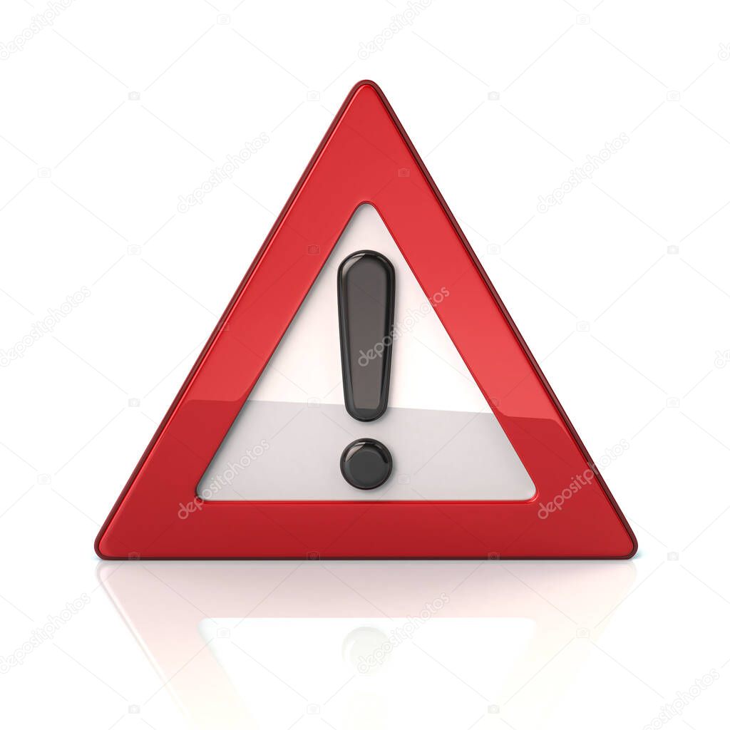 Warning road sign with exclamation mark 3d illustration isolated on white background