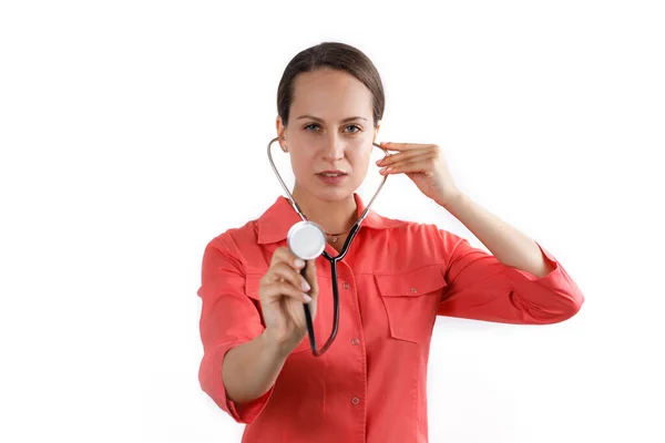 Giovane Medico Femminile Sfondo Bianco — Foto Stock