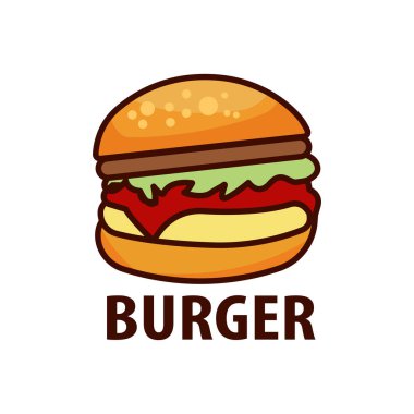 Lezzetli hamburger düz simgesi ve yazı. Şablon vektörü tasarla