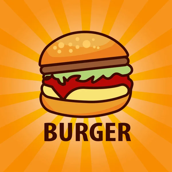 Burger Fast Food Cartaz Publicidade Refeição Com Raios Inscrição Lettering — Vetor de Stock