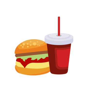 Lezzetli hamburgerlerin ve fast food içeceklerinin simgesi. tasarım şablonu Vektörü
