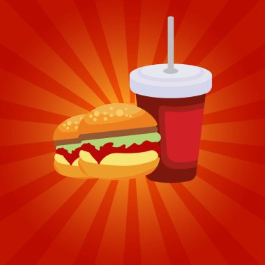 Lezzetli bir fast food ve Ray arkaplanlı yemek reklamları afişi. Lezzetli hamburger yassı ikonu ve taze içecek yassı ikonu. Reklam pankartı tasarımı. Şablon vektörü tasarla
