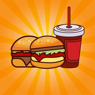 Lezzetli bir fast food ve Ray arkaplanlı yemek reklamları afişi. Lezzetli hamburger yassı ikonu ve taze içecek yassı ikonu. Reklam pankartı tasarımı. Şablon vektörü tasarla