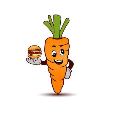 Beyaz arka planda burgeri olan havuç çizgi film karakteri. Tasarım Şablonu Vektörü