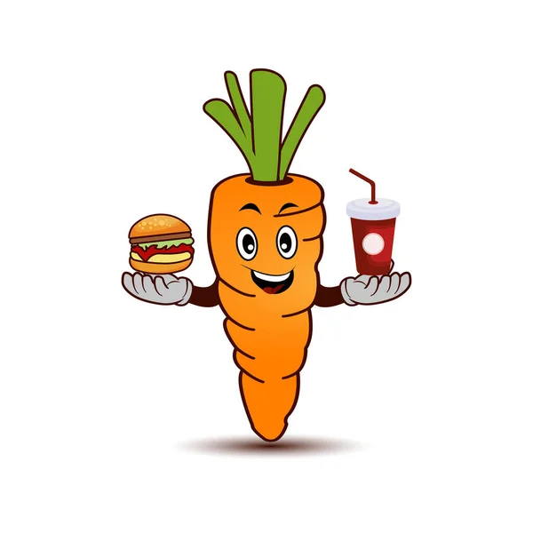 胡萝卜卡通人物与汉堡包和新鲜饮料 设计模板向量 — 图库矢量图片