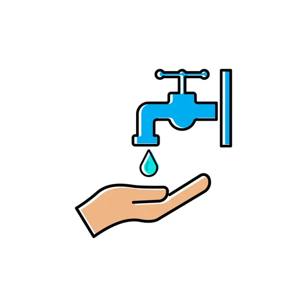 Waschen Sie Hand Flach Symbol Hand Symbol Wasserhahn Und Wassertropfen — Stockvektor