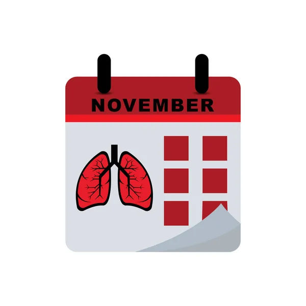 Icono Plano Calendario Día Neumonía Internacional Con Pulmones Icono Mano — Archivo Imágenes Vectoriales