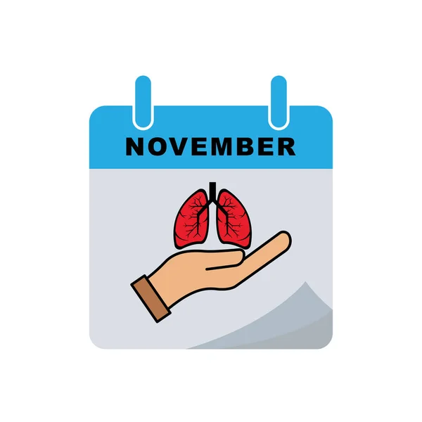 Icono Plano Calendario Día Neumonía Internacional Con Pulmones Icono Mano — Vector de stock