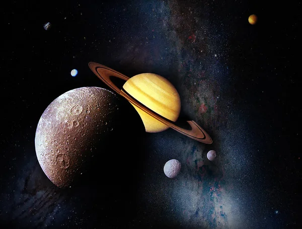 Cena espacial. Planetas diferentes. Saturno com anéis. Láctea. El. — Fotografia de Stock