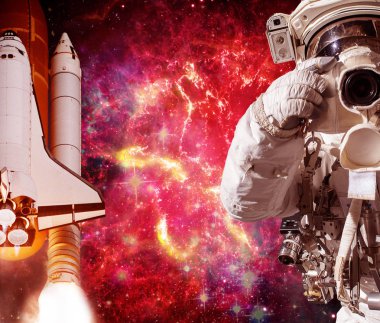 Kamera ve roket (mekik) ile Astronot. Bunun unsurları