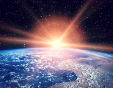 Uzay ve gün doğumu. Nasa tarafından döşenmiş bu görüntünün unsurları.