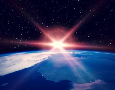 Uzay ve gün doğumu. Nasa tarafından döşenmiş bu görüntünün unsurları.