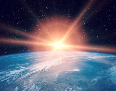 Gün doğumu sırasında uzaydan gelen Dünya. Bu görüntüfu elemanları