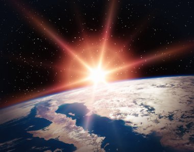 Geceleri uzaydan inanılmaz bir gün doğumu. Bu görüntünün öğeleri 
