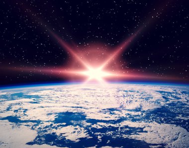 Uzay ve gün doğumu. Nasa tarafından döşenmiş bu görüntünün unsurları.