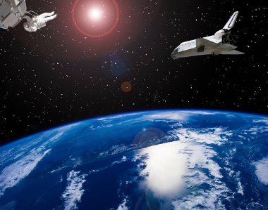 Astronot ve uzay gemileri. Lens parlaması. Bu görüntünün öğeleri