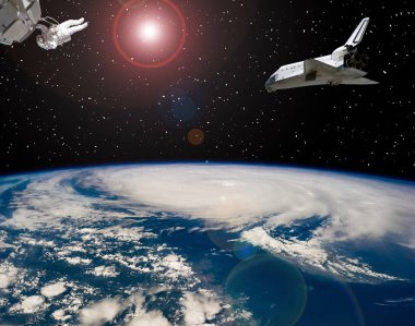 Astronot ve uzay gemileri. Lens parlaması. Bu görüntünün öğeleri