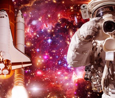 Kamera ve roket (mekik) ile Astronot. Bunun unsurları