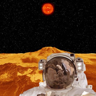 Astronot yabancı gezegeni keşfediyor. Bu görüntünün elemanları furn