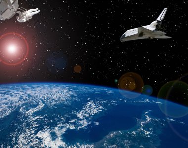 Astronot ve uzay gemileri. Lens parlaması. Bu görüntünün öğeleri
