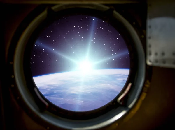 Beautiful sunrise from space. View from spacecraft. Elements of