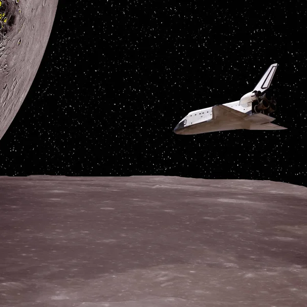 Space mission to the alien planet.  Shuttle flies above the plan