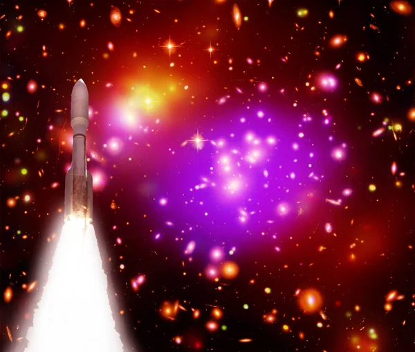 Flying rocket and galaxy, outer space. The elements of this imag