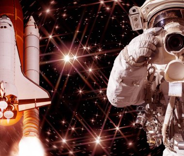 Kamera ve roket (mekik) ile Astronot. Bunun unsurları