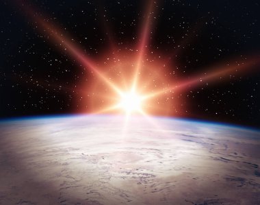 Geceleri uzaydan inanılmaz bir gün doğumu. Bu görüntünün öğeleri 