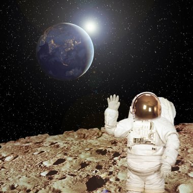 Ay'daki astronot. Arka planda mavi büyüleyici toprak.