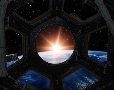 Bir uzay gemisinin penceresinden gün doğumu. Bu görüntünün elemanları f