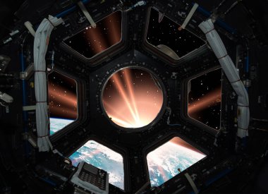 Dünya uzay gemisinin penceresinde. Bu görüntünün elemanları döşenmiş b