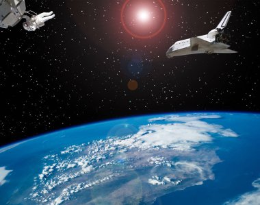 Astronot ve uzay gemileri. Lens parlaması. Bu görüntünün öğeleri