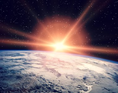 Gün doğumu sırasında uzaydan gelen Dünya. Bu görüntüfu elemanları