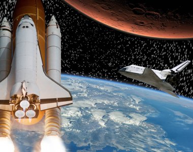 Roket dünyadan Mars'a uçuyor. Mekik uzakta. El