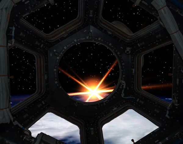 宇宙船の窓からの日の出このイメージ f の要素 — ストック写真