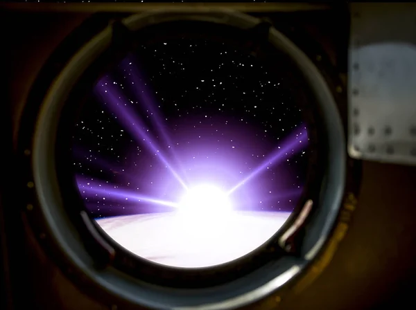 일출의 화려한 전망. 우주선의 창입니다. 이 것의 요소 — 스톡 사진