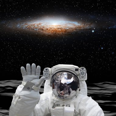 Uzaylı gezegeninde astronot. Arkasında güzel bir manzara. Eleme