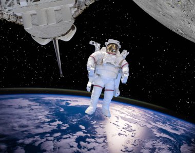 Astronot, dünya ve gezegen ay gibi kraterler ile. Elementler