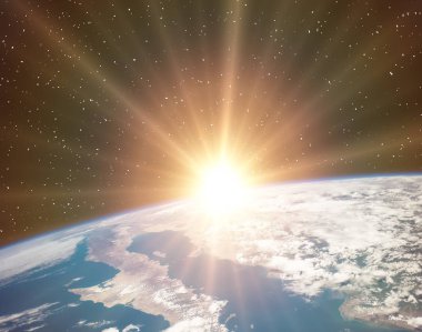 Uzay ve gün doğumu. Nasa tarafından döşenmiş bu görüntünün unsurları.