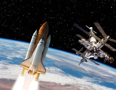 Rocket and space station above earth. Outer space. The elements  clipart