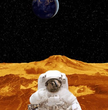 Gezegen yüzeyindeki astronot. Bu görüntünün elemanları furn