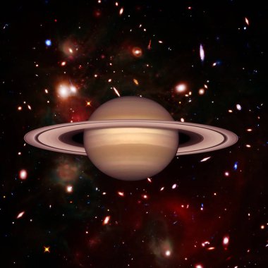 Satürn. Galaksilere ve yıldızlara karşı gezegen. Bunun unsurları 