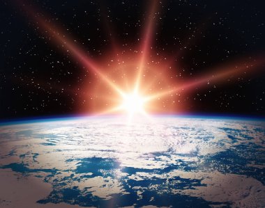 Geceleri uzaydan inanılmaz bir gün doğumu. Bu görüntünün öğeleri 