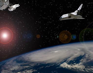 Astronot ve uzay gemileri. Lens parlaması. Bu görüntünün öğeleri