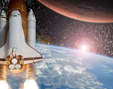 Roket dünyadan Mars'a uçuyor. Arka planda gün doğumu. El