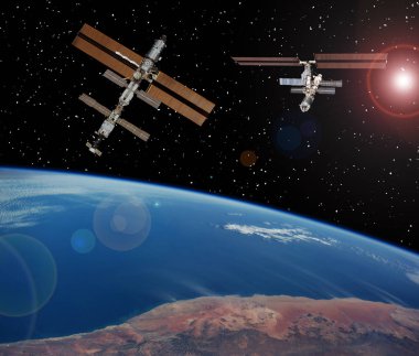 Uzay istasyonu. Dünya'nın üstündeki uzay gemileri. Bunun unsurları 